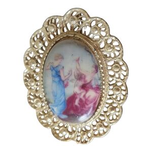 Gold-Tone Porcelain Cameo Brooch Nursing Mom
